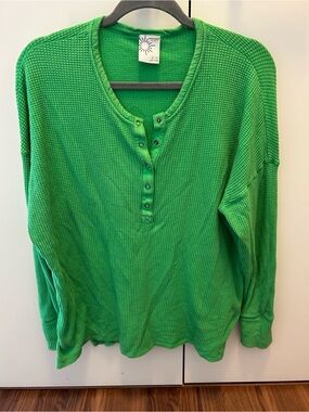 Offline by Aerie Bright Green Waffle Knit Henley Top